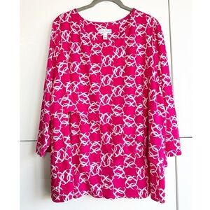 Susan Graver Liquid Knit Pink White Blouse Tiered Chainlink Pattern 3/4 Sleeves